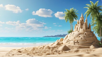 A scenic beach view featuring two sandcastles on a sandy shoreline, with a backdrop of turquoise ocean water and a clear blue sky dotted with fluffy white clouds