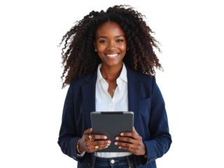 Business portrait isolated on white transparent background: A confident Black woman in a navy blazer and white shirt smiles while holding a tablet against a plain white wall.