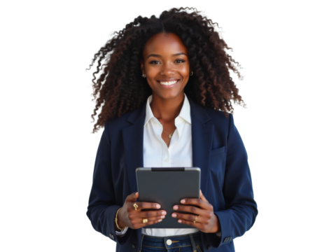 Business portrait isolated on white transparent background: A confident Black woman in a navy blazer and white shirt smiles while holding a tablet against a plain white wall. - Powered by Adobe