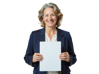 Business portrait isolated on white transparent background: A confident woman with gray hair smiles warmly while holding a blank white paper against a neutral background, presenting a professional a