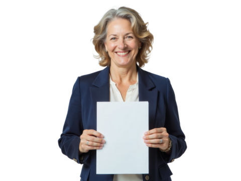 Business portrait isolated on white transparent background: A confident woman with gray hair smiles warmly while holding a blank white paper against a neutral background, presenting a professional a