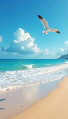 Fototapeta premium Seagulls fly overhead on a serene sandy ocean shore , beach, sunset, tropical paradise