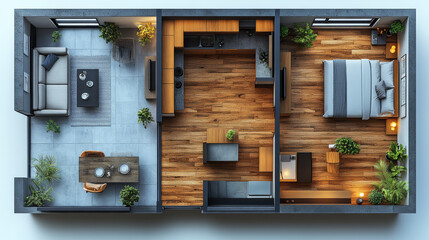 Top-down 3D rendering of an apartment layout isolated on a white background