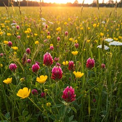 Obraz premium A scene of diverse wildflowers blooming in an open field during the evening, with soft, warm light casting a painterly effect.