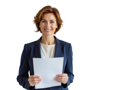 Business portrait isolated on white transparent background: A confident businesswoman with shoulder-length brown hair smiles warmly while holding a blank white paper against a plain white background