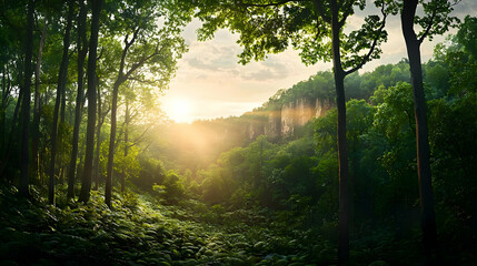 Naklejka premium Pixelated Forest Sunset Scene
