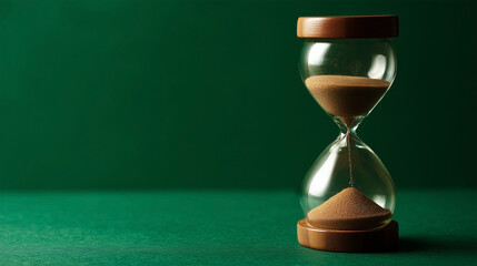 A sand timer is sitting on a green table