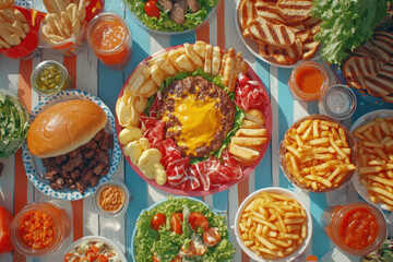 Fototapeta premium Overflowing table with diverse foods: fruits, cheeses, bread, and pastries arranged invitingly, creating a colorful and abundant spread.