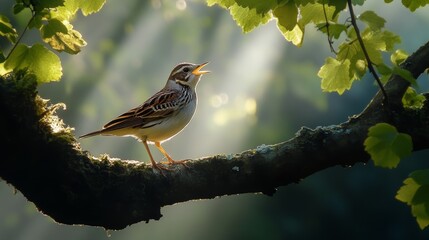 Small bird with brown and white speckled plumage sings on a moss covered tree branch, backlit by sunlight filtering through green leaves.