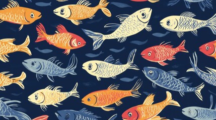 Fototapeta premium Seamless pattern with cute blue fish swimming on a light blue background, ideal for children's products and textiles