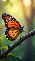 Obraz premium Delicate butterfly wings spread wide on a branch, delicate, insect