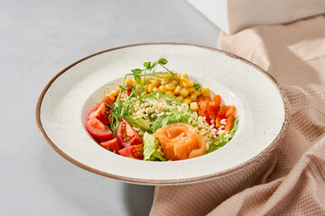Vibrant Salmon Salad Bowl with Corn and Vegetables A Fresh and Colorful Culinary Display