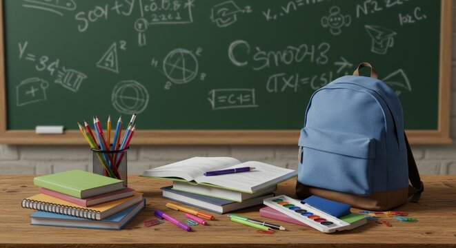 School supplies on wooden desk with chalkboard background featuring equations and drawings.