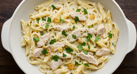 Creamy Chicken Alfredo Penne Pasta Delight On A Wooden Table