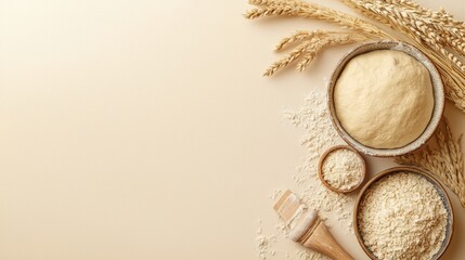 A skilled baker expertly rolls out a ball of fresh dough for bread making surrounded by flour, wheat stalks and other baking ingredients on a beige background.