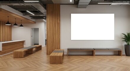 Interior view of a modern waiting area with benches and a blank canvas.