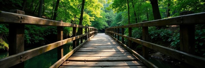 Fototapeta premium Distressed wooden bridge over forest river, wooden bridge, nature textures, river