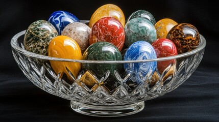 A Glass Bowl Containing Various Colored Decorative Stone Eggs