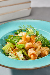 Vibrant Green Salad with Shrimp in a Rustic Setting A Culinary Delight Captured with Natural Lighting and Rich Colors