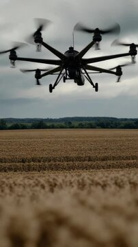 High-tech octocopter drone hovers over dry wheat field during agricultural survey on cloudy day, surveying crop health