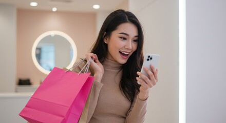 Woman looks at phone holding a pink shopping bag in a store.