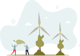 Promoting green energy and talk about sustainable wind turbine power .flat character life .