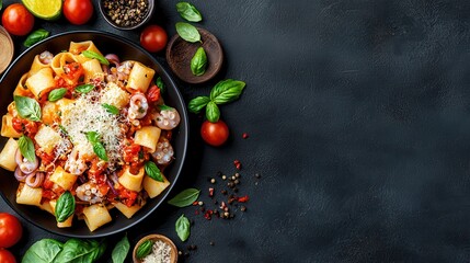 Squid fresh flavor seafood Delicious pasta dish garnished with herbs and tomatoes.