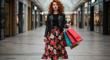 Woman with shopping bags stands in a bright indoor shopping mall corridor.
