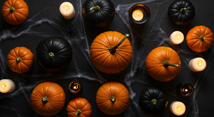 Eerie Arrangement Of Pumpkins, Candles, And Spiders For Spooky Halloween Season