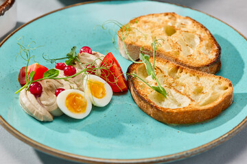 Elegant Culinary Presentation Chicken Pate with Toasts on Vibrant Turquoise Plate