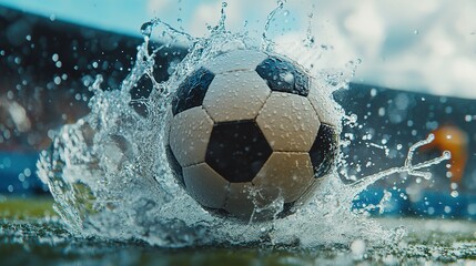 Soccer ball mid-kick with splashing water droplets, capturing dynamic energy and motion.