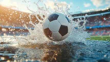 Soccer ball mid-kick with splashing water droplets, capturing dynamic energy and motion.