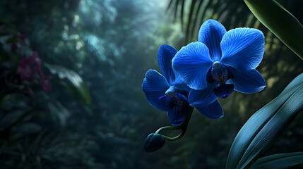 Vibrant blue orchids bloom in a dark, tropical setting.