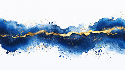 Abstract watercolor painting with gold and blue streaks on white background.