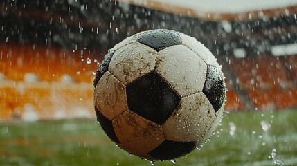 Soccer ball mid-kick with splashing water droplets, capturing dynamic energy and motion.