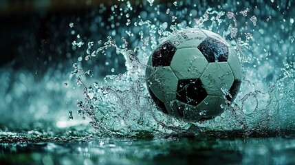 Soccer ball mid-kick with splashing water droplets, capturing dynamic energy and motion.