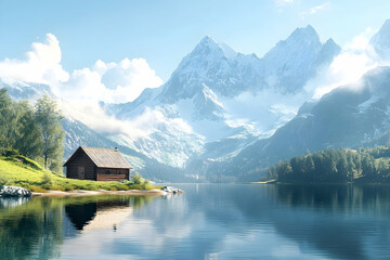 Fototapeta premium Picturesque mountain lake cabin nestled in alpine scenery.