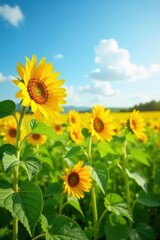 Summer sunflowers in a field with green grass, sunlight, flower field
