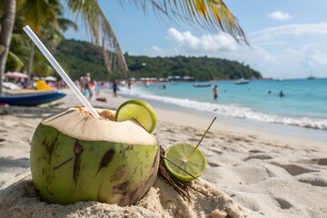 coconut cocktail on tropical beach