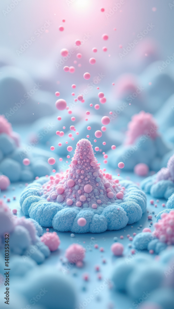 Poster stylized 3d rendering of a glp1 molecule, with pink bubbles representing a cloud-like structure, set