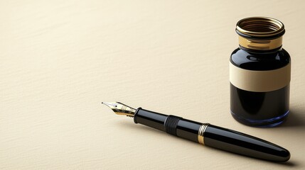 An elegant black fountain pen rests beside a bottle of dark ink on a light wood surface ready for writing or drawing creating a sophisticated and classic image.