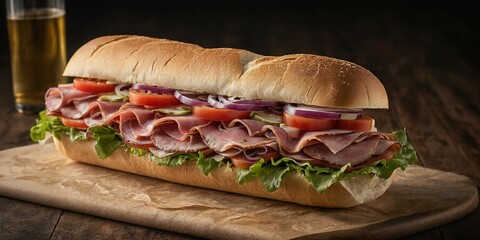 Frisches Sub-Sandwich mit Wurst, Tomaten, roten Zwiebeln, Gurken und Salat auf fluffigem Baguettebrot, angerichtet auf Backpapier mit Getränk im Hintergrund