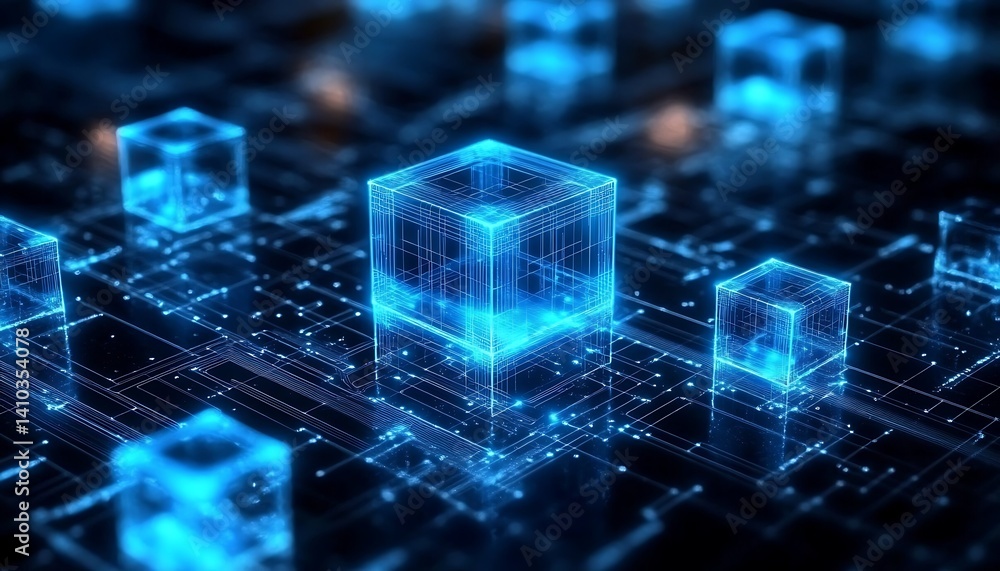 Aufkleber digital cubes in circuit: a futuristic, artistic rendering featuring glowing blue cubes interconnect