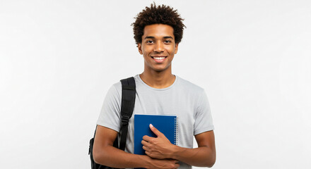 Smiling Young Afro College Student in Gray Shirt Holding Books and Backpack on His Back 