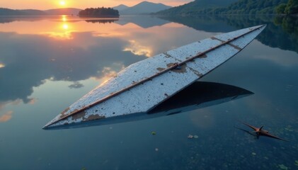Sharp steel arrowhead reflected in a calm lake's surface , nature, arrows