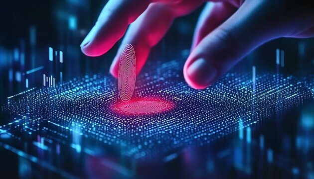 Concept of cyber security digital technology business people use fingerprints to access personal cybersecurity keeping users personal information safe secure internet access , -
