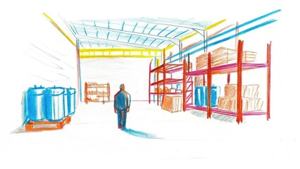 Naklejka premium Person walking in an industrial warehouse with colorful shelves 