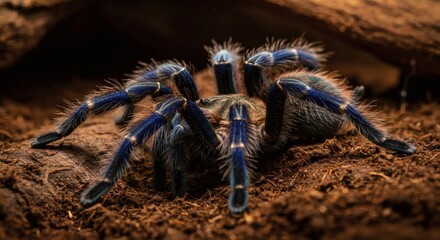 A close-up view of a vibrant blue tarantula with its blue legs on display.