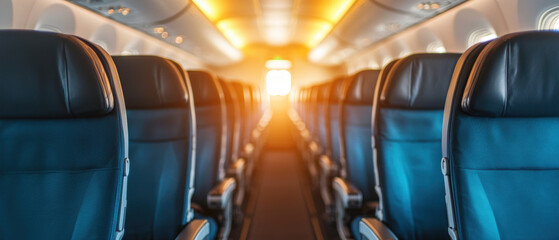 Fototapeta premium Spacious airplane interior with empty seats, warm sunlight streaming through windows, creating serene travel atmosphere