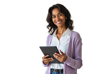 Business portrait isolated on white transparent background: A smiling woman with wavy dark hair holds a tablet and looks directly at the camera, wearing a white shirt and a purple cardigan against a